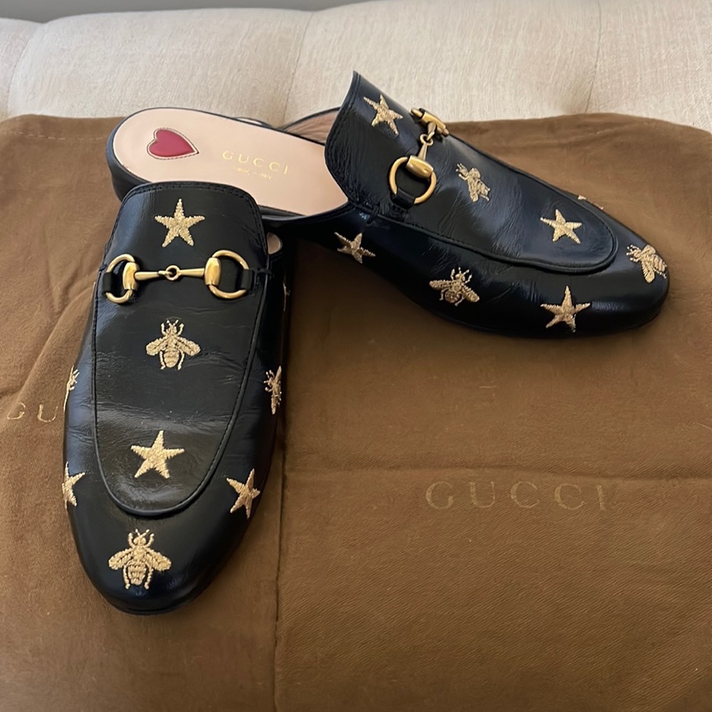 Gucci Princetown Bee Mules size 37.5